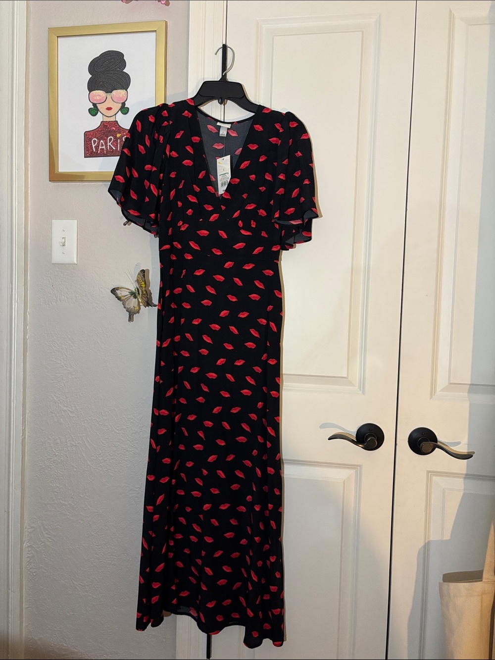 a new day - Black Maxi Dress with Red Lip Print